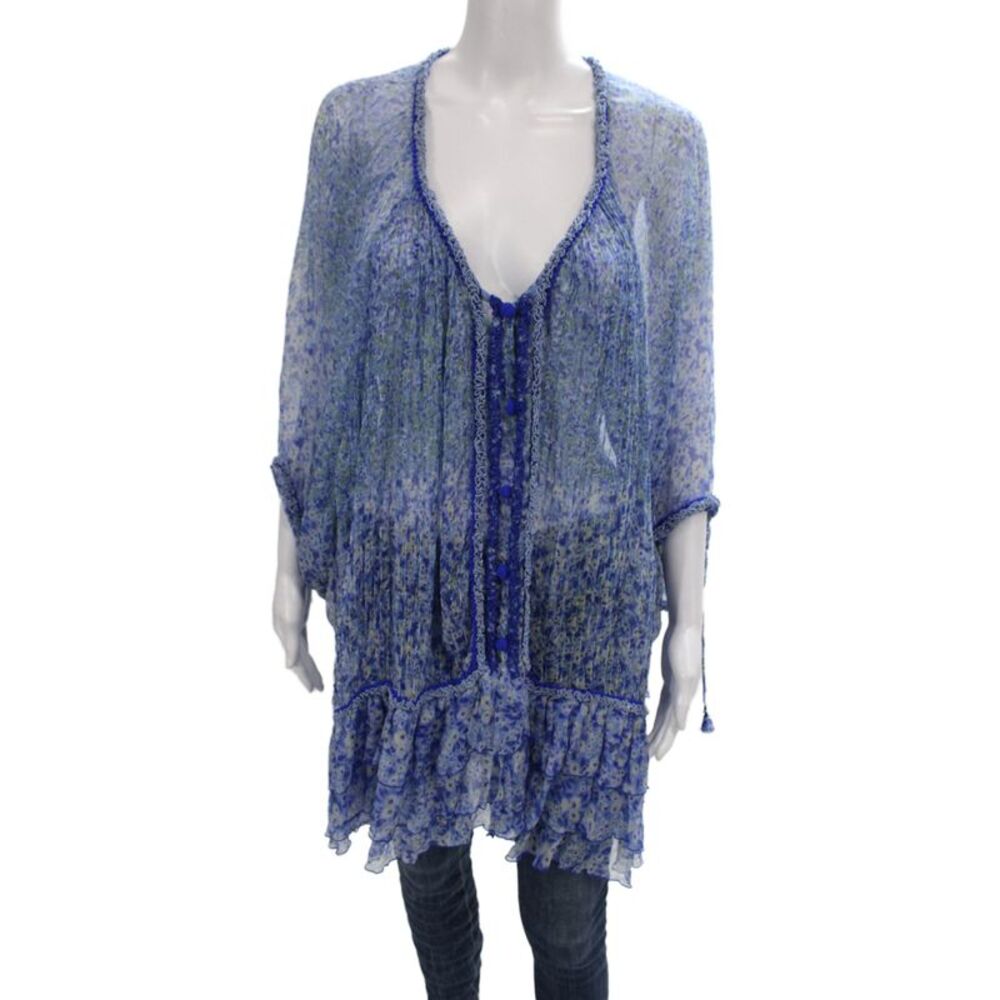 Poupette St. Barth Womens Silk Vneck Tunic Blue Floral 3/4 Sleeve Size One Size